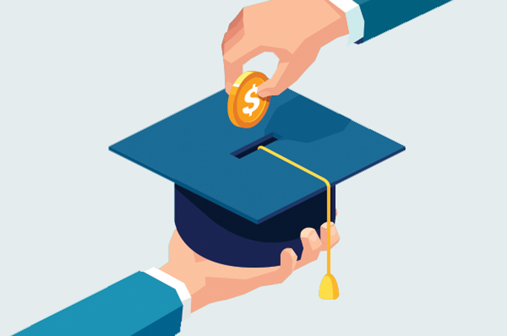 A drawing depicting a coin being inserted into a mortarboard.