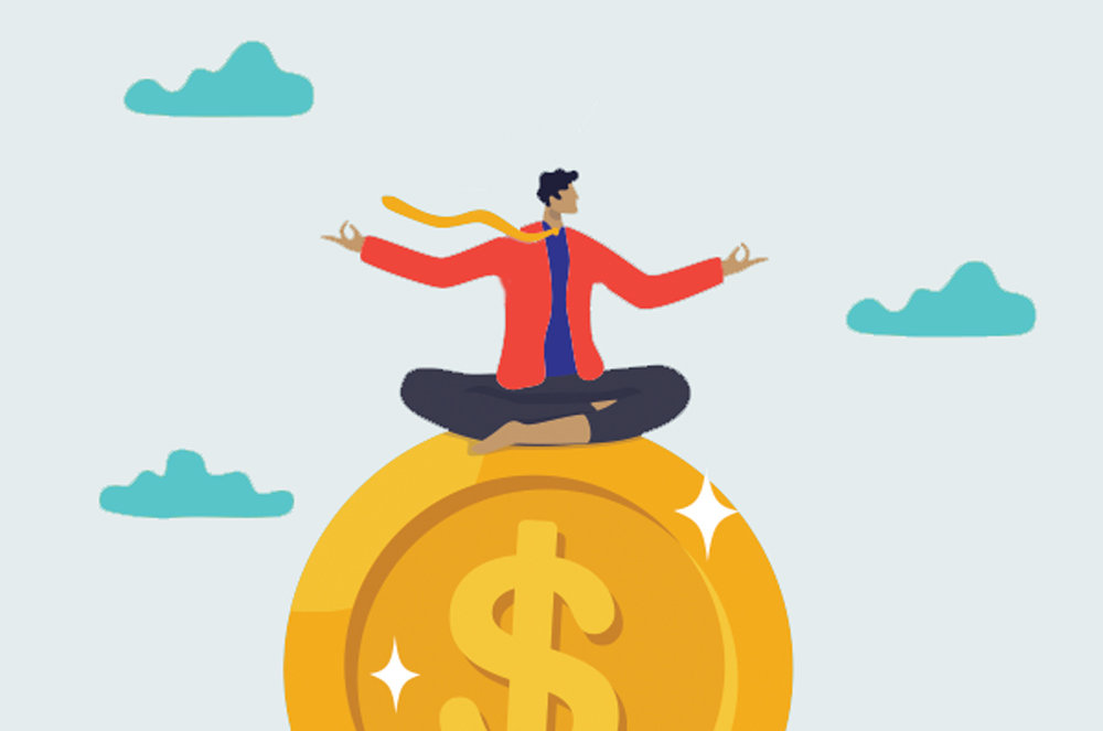 A drawing depicting a man sitting on top of a coin.