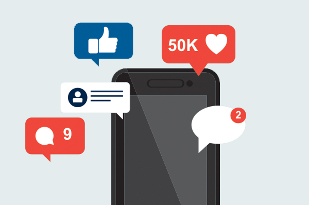 A drawing depicting various social media icons surrounding a phone.