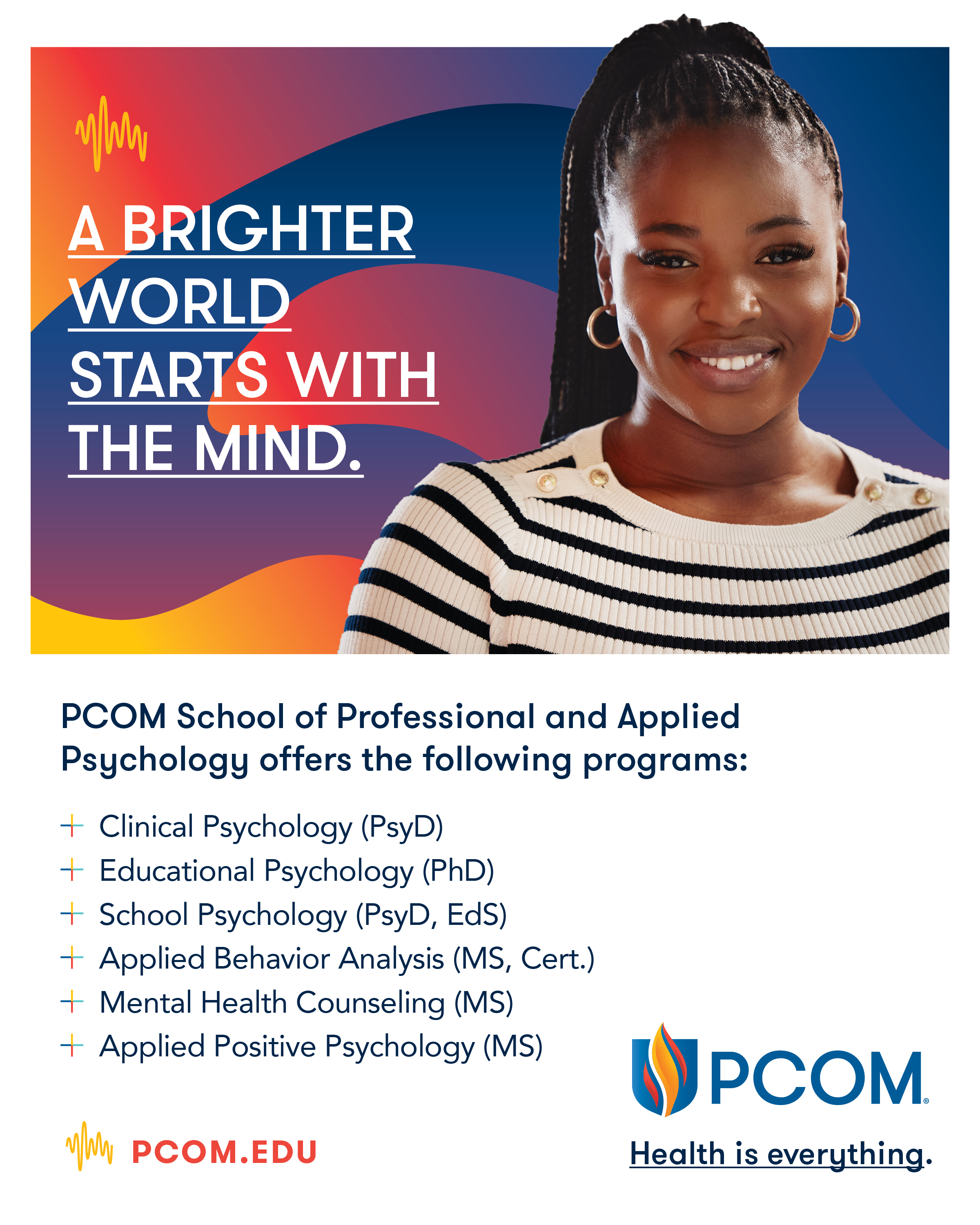 A print advertisement showcasing PCOM's psychology programs