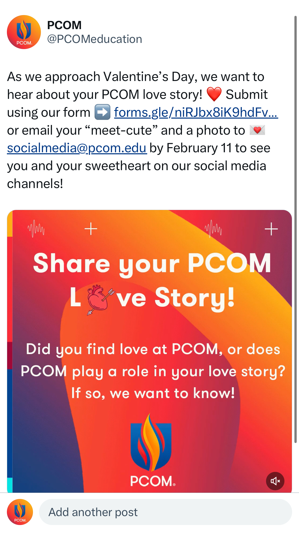 Valentine's Day social media post from PCOM's Instagram account