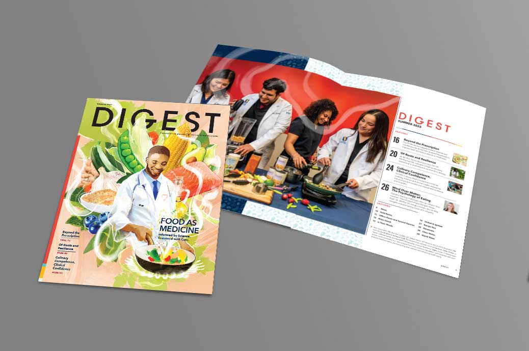 Cover and layouts within Digest, PCOM's printed alumni magazine
