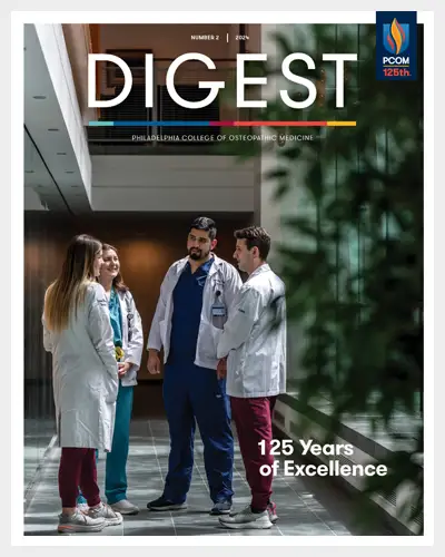 Digest Magazine featuring third-year clerkship students gathering in the atrium of the Annenberg Center for Medical Education