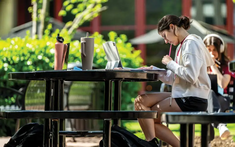 In the quiet stillness of a late morning on the PCOM campus, a student is immersed in her studies.