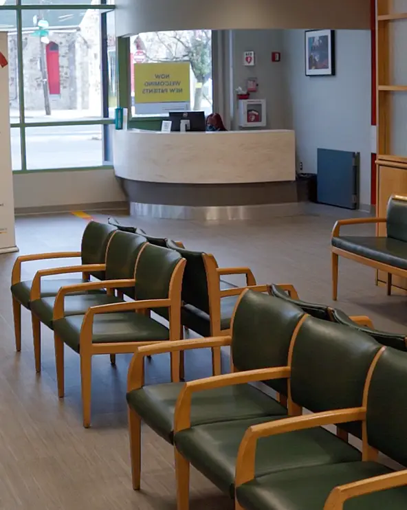 Renovated lobby and waiting area of PCOM's Lancaster Avenue Healthcare Center