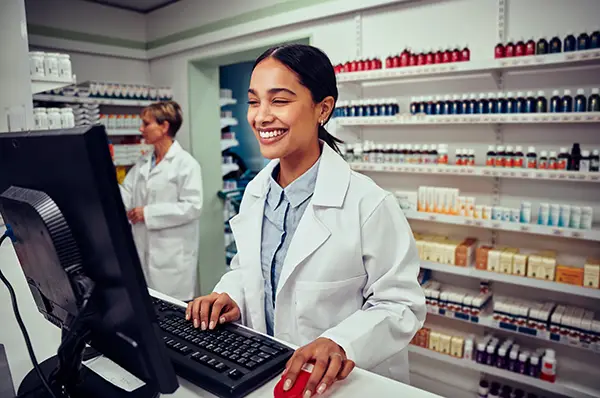 A PharmD student smiles as she uses a computer to attend PCOM Georgia's virtual speaker series on pharmacy careers