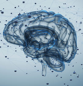 Stylized artwork of human brain with interconnected dots.