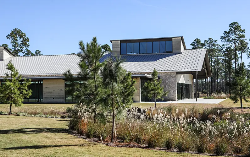 View of grounds surrounding PCOM South Georgia featuring native plants and trees